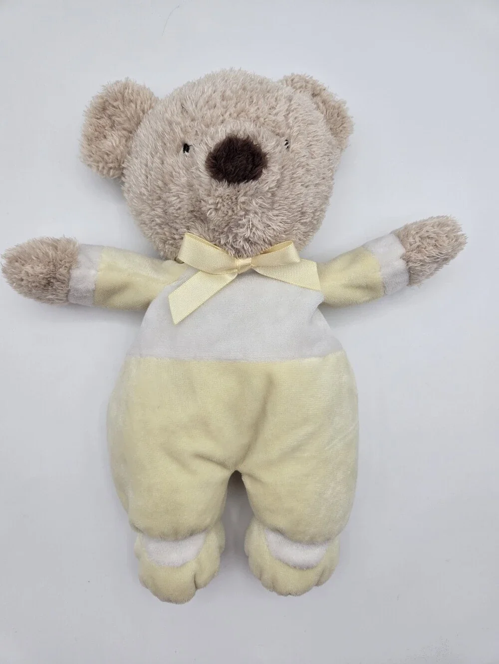 Carters Retired Tan Bear White Yellow Jumper Satin Bow Plush Lovey Stuffed Toy